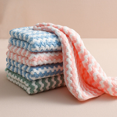 Coral Fleece Dish Towel Rag Thickened Striped Oil Removal Cleaning Kitchen Supplies Absorbent Oil-Free Scouring Pad Wholesale