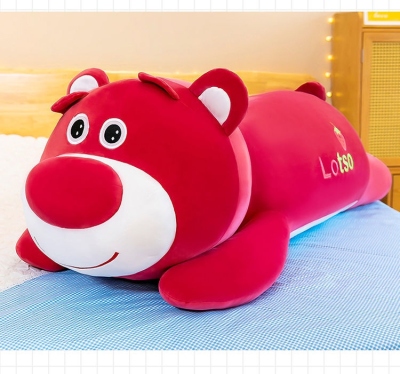 Strawberry Bear Plush Toy Pillow Cute Leaning Bear Soft Long Sleeping Pillow Doll Doll Birthday Gift