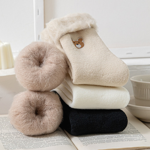 winter plus velvet socks for children embroidered bear thick snow socks mid-calf cotton socks ins tide solid color flanging warm socks