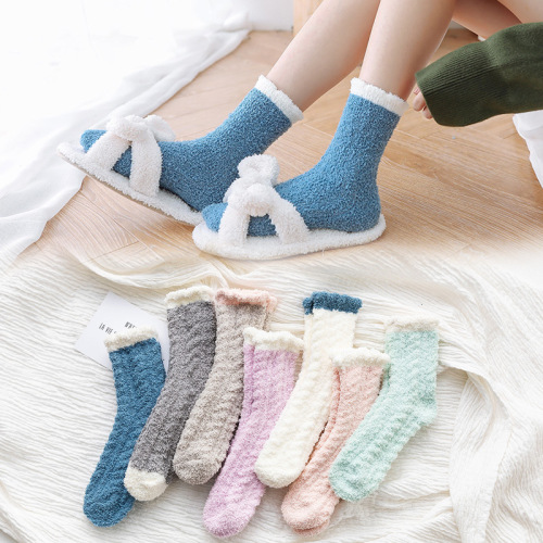 Coral Fleece Socks Women‘s Autumn and Winter Thickened Twist Half Velvet Socks Adult Home Floor Confinement Plush Sleeping Socks