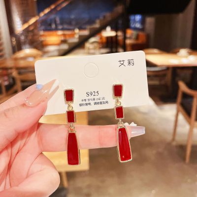 925 Silver Needle Enamel Earrings Niche French Vintage Earrings Red Stud Earring Temperamental Long Eardrops Korean Earrings