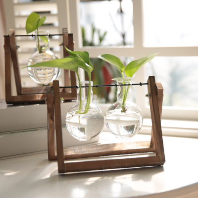 Hydroponic Plant Transparent Wooden Stand Vase Desktop Fresh Container Living Room Modern Decorations Ornaments