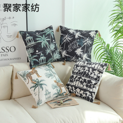 Cross-Border Amazon Hot Sale Household Supplies Tropical Rainforest Style Linen Tassel Sofa Pillow Cases Model Room Square Pillow