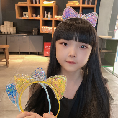 Korean Style Cute Cat Ears Headband Female Net Red Quicksand Crown Hair Fixer Children's Headband Korean Princess Hair Accessories Fairy
