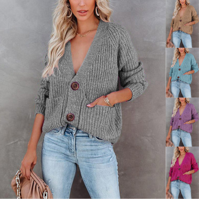 European and American Women's Clothing 2021 Autumn and Winter New Amazon Solid Color and V-neck Cardigan Single-Breasted Long Sleeve Sweater Coat Cardigan