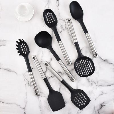 Hz402 Non-Stick Pan Cooking Spoon and Shovel Set Stainless Steel Handle Nylon 7-Piece Kitchen Ware Set High Temperature Resistant Spatula