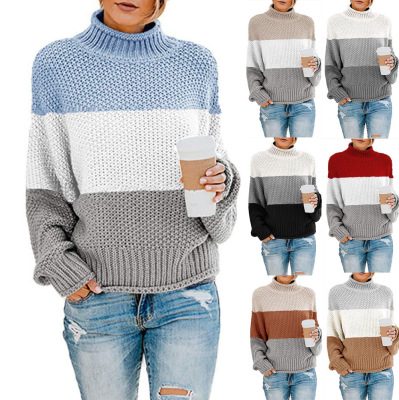 2020 Cross-Border Wish New Autumn and Winter Sweaters Knitwear Foreign Trade Women's Clothing Amazon Thick Thread Color Matching Turtleneck Pullover