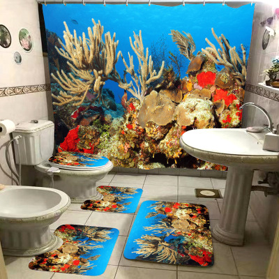 New Underwater World Floor Mat Carpet Shower Curtain Bathroom Four-Piece Bathroom Toilet Three-Piece Set Factory Wholesale