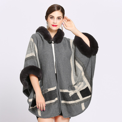 1304# European and American 2021 Autumn and Winter New Large Size Loose Fur Collar Pocket Knitted Cardigan Shawl Cape Coat for Women