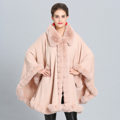 1387# European and American 2021 Autumn and Winter New Cashmere Cloak Women's Imitation Fox Fur Collar Talma Factory Direct Sales