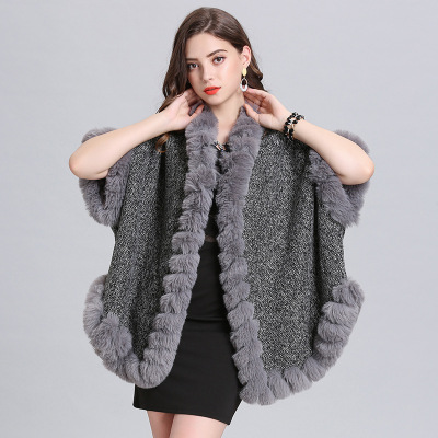 2021 European and American New Loose Imitation Fox Fur Collar Fleece-Lined Knitting Cardigan Shawl Female Cape and Shawl 1503#
