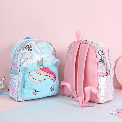 2020 Unicorn Backpack Children Cartoon Sequins Plush School Bag Unicorn Travel Girls Backpack
