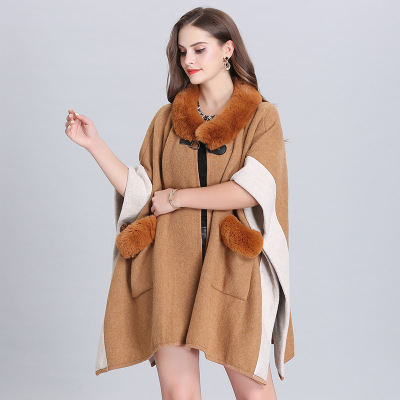 2021 European and American New Large Size Loose Imitation Fox Fur Collar Color-Block Crew Neck Pocket Knitted Cardigan Shawl