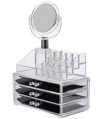 Women's Three-Drawer Cosmetic Storage Box with Mirror Dustproof Finishing Box Jewelry Transparent Lipstick Rack