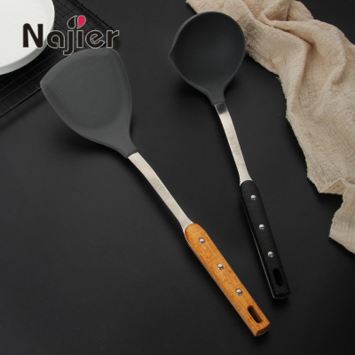 Factory Direct Sales 304 Stainless Steel Silicone Spatula Soup Spoon Wooden Handle Cooking Ladel Non-Stick Pan Gift Kitchenware Set