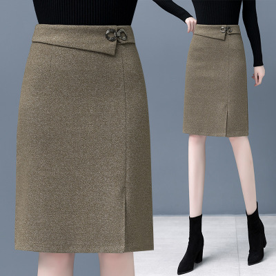 Woolen Skirt Women's Mid-Length Autumn and Winter 2021 New Black Skirt Split Winter Skirt A- Line Sheath Skirt