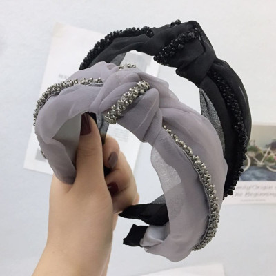 New Japanese and Korean Style Tulle Hairband Korean Knot in the Middle Single Row Small Rice-Shaped Beads Wide Side Simplicity Hairpin Hair Ornaments Headband