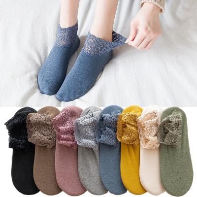 Autumn and Winter New Lace Room Socks Bagged Cotton Solid Color Mixed Batch Female Spot Winter Room Socks Silicone Non-Slip All-Matching