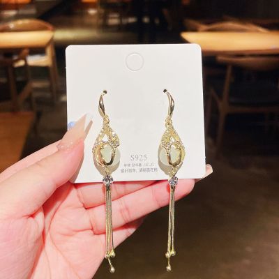 Korean Style Long Fringe Earrings Women's Gold-Plated Diamond Stud Earrings 925 Silver Needle Zircon Hollow Ear Hook