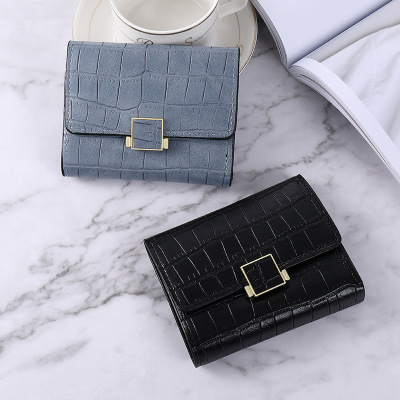 Korean Style New Small Wallet Women's Short Solid Color Simple Crocodile Pattern Three Fold Student Hasp Large Capacity Change