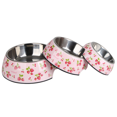 Color Pet Bowl Cat Bowl Dog Bowl Bottom with Rubber Strip Non-Slip Anti-Inverted Melamine plus Stainless Steel Feeding Drinking Basin