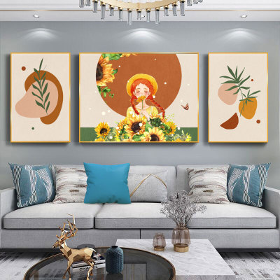 Flower Girl Portrait Hand-Painted Style Living Room Combination Decorative Painting Nordic Minimalist Hotel Room Wall Painting and Mural