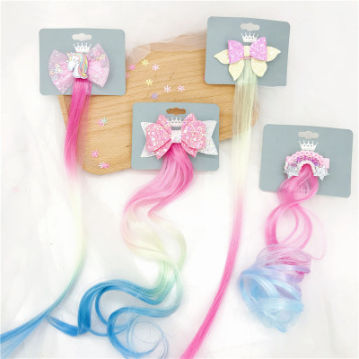 Cross-Border Bow Wig Barrettes Rainbow Single-Angle Pegasus Hairpin Cute Headwear Ribbon Dovetail Bright Hair Clips Hair Accessories