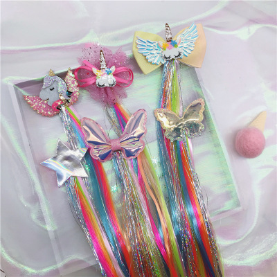 Factory Cross-Border Internet Celebrity Children's Hair Accessories Single Horn XINGX Color Wig Barrettes Girl Bow Hair Clip Clip Female