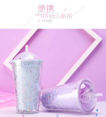 Crushed Ice Cup Creative Student Double-Layer Cup Korean Style Water Cup with Straw Fresh Graffiti XINGX Plastic Cup