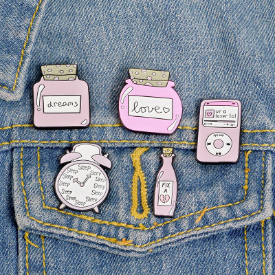 European and American Jewelry Cute Cartoon Pink Alarm Clock Bottle Alloy Brooch Enamel Jar Denim Badge