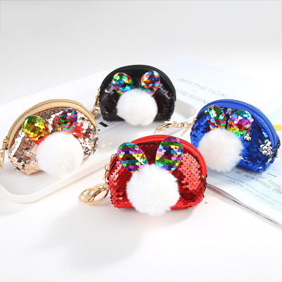 Korean Style Cute Sequined Fur Ball Coin Purse Cartoon Women's Small Wallet Party Coins Key Storage Bag Lot