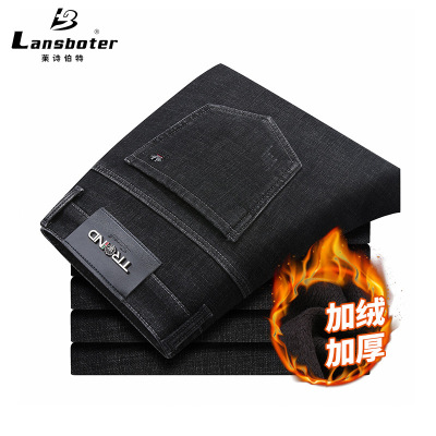 Lansboter Winter New Fleece-Lined Thickened Business Jeans Men's Straight Mid-Waist Stretch Keep Warm Jeans