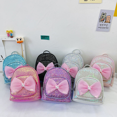 2021 New Children's Laser Backpack Children's Travel Backpack Trendy Girls' Bow Sequined Schoolbag Wholesale