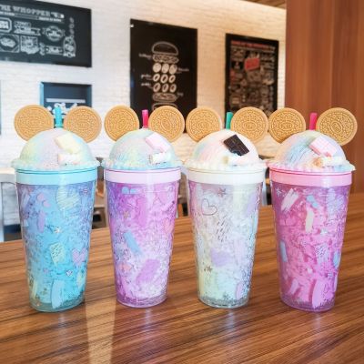 Internet Celebrity Drinking Cup Summer Crushed Ice Cup Ice Cup Cute Girl Ice Cup Double-Layer Cold-Keeping Cup Creative Plastic Water Cup