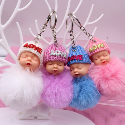 Factory Wholesale Sleeping Doll Fuzzy Ball Pendant Lovely Key Buckle Student Schoolbag Fuzzy Ball Pendant Advertising Gift