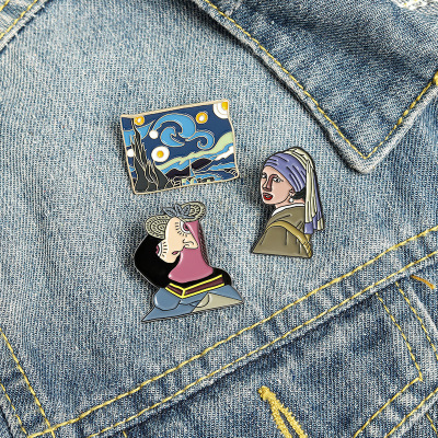 Exquisite Cartoon Oil Painting Brooch Van Gogh Starry Sky Brooch Girl Collar Pin with Pearl Earrings Wholesale