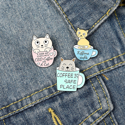 New Oil Dripping Paint Coffee Cup Coffee Pot Brooch Kitten Pin Alloy Enamel Animal Cat Badge