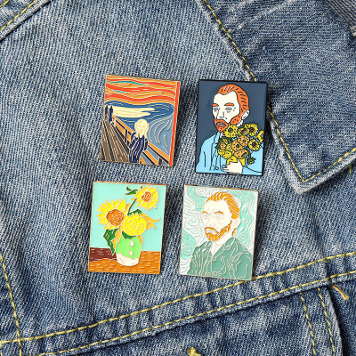 Brooch High-End Vincent Van Gogh's Oil Painting Cartoon Creative Dripping Enamel Sunflower Pin Cute Collar Brooch Accessories