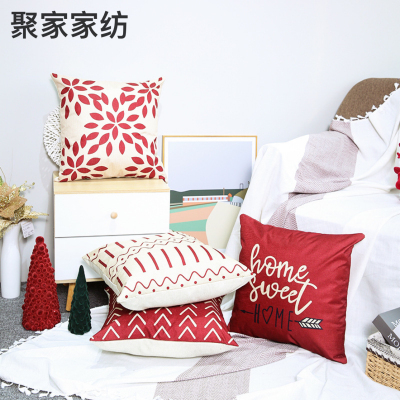 Red Digital Printing Sofa Office Cushion Lumbar Pillow Square Pillow Case Cotton and Linen Geometric Leaves Pillow Cover