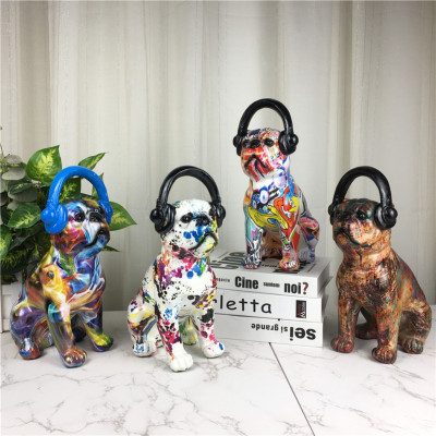 Dog Resin Crafts with Headset Living Room Entrance Creative Decoration Birthday Housewarming Gift