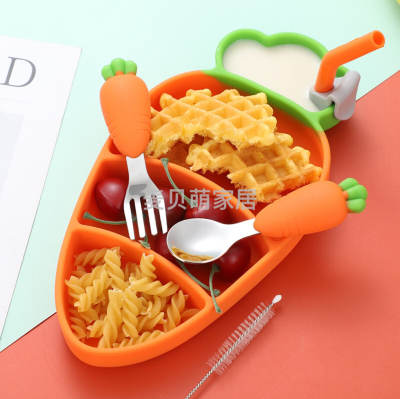 Children's Silicone Plate Carrot 304 Stainless Steel Fork Spoon Baby Tableware Suit Baby Compartment Solid Food Bowl