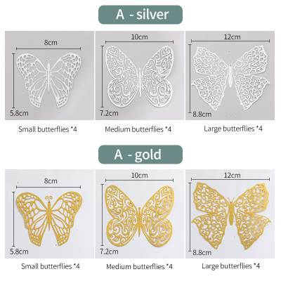 Three-Dimensional Butterfly 3D Hollow Metal Butterfly with Traceless Glue Foreign Trade European and American Hot Wall Stickers Creative Wall Stickers