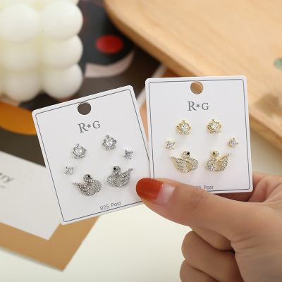 New Sterling Silver Needle Women's Versatile Zircon Stud Earrings Korean Style Swan Crown Fashion Small Three-Pair Set Earrings for Women