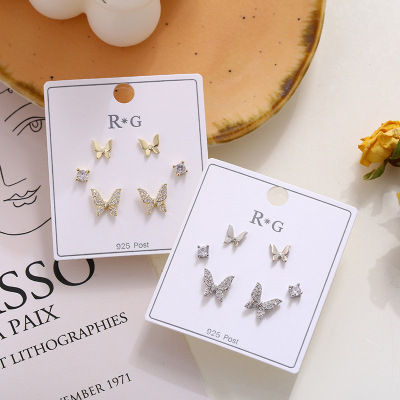 Micro Inlaid Zircon Sterling Silver Needle Stud Earrings South Korea Dongdaemun Cute and Compact Full Diamond Butterfly Fresh and Cute Earrings Female