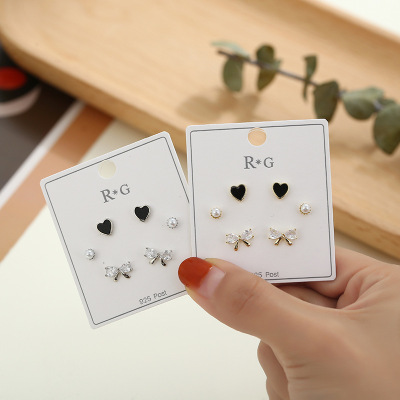 Rhinestone-Encrusted Bow Stud Earrings Simple Wild Earrings Three Pairs Set Fresh Student Love Heart Earrings Wholesale