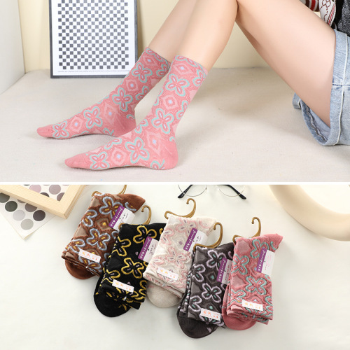 2023 winter mid-calf length socks children‘s ethnic style national fashion small flower socks breathable cotton socks factory wholesale one piece dropshipping