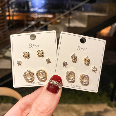 South Korea Dongdaemun Internet Celebrity Same Style Small Crown Earrings Sterling Silver Needle Micro Inlaid Zircon Fashion Girl Earrings Suit