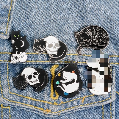 Skull Kitty Brooch Mysterious Witch Enamel Pin Moon and XINGX Cat Badge Lapel Pin Wholesale