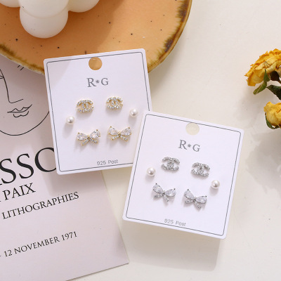 Simple Cold Style S925 Silver Stud Earrings Set 2021 New Trendy Small Design Graceful Bow Earrings for Women