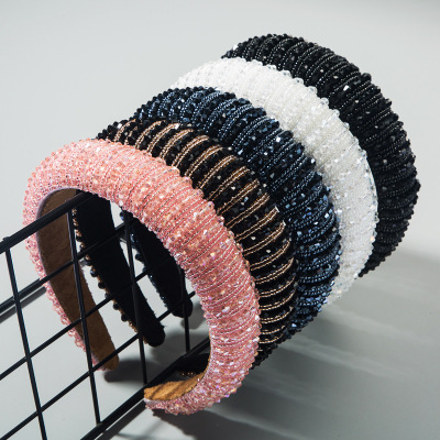Headband European and American Hand-Woven Beads Headband Female Baroque Sponge Hair Tie Korean Style Internet Celebrity Face Washing Hair Accessories
